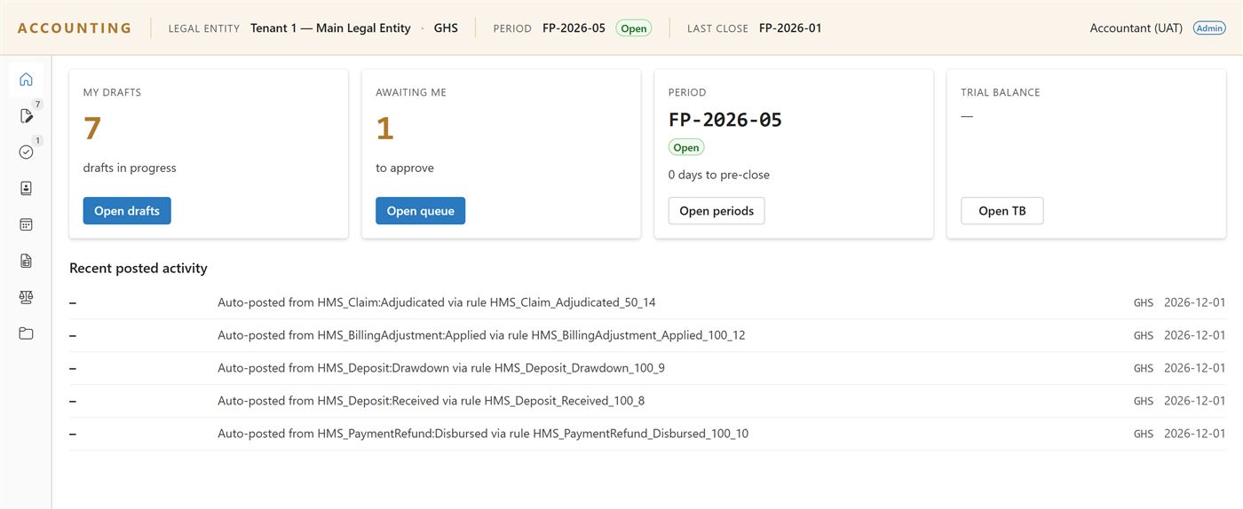 DDRT accountant workstation — fiscal period, drafts, approval queue, and journal entries auto-posted from clinical events, shown with test data