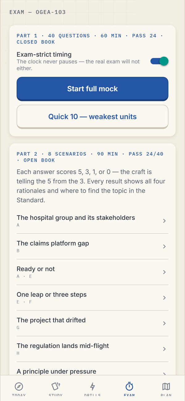 Drafting Room exam screen — timed mock exams, scenario practice, and score history