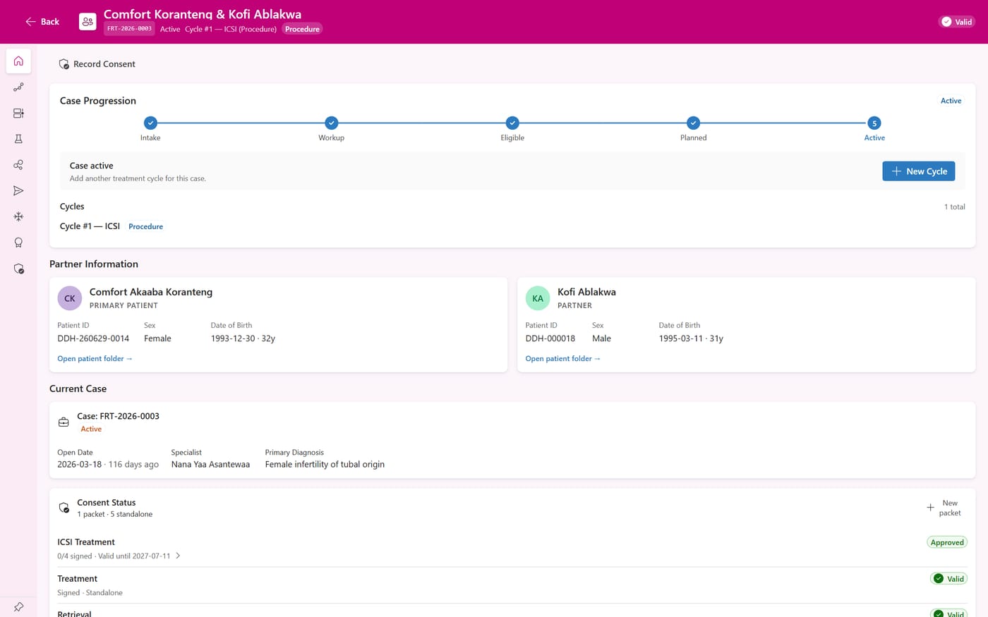 DDRT fertility case workstation — case progression from intake to active cycle, partner records, consent status, and cycle history, shown with test data
