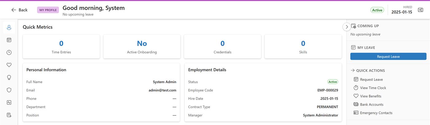 DDRT employee self-service workspace — personal information, employment details, and leave and clock-in quick actions, shown with test data