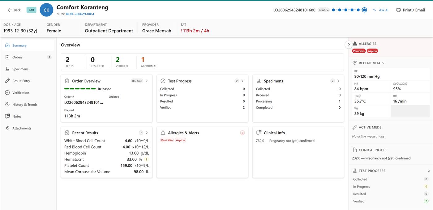 DDRT laboratory workstation — order overview, test progress, recent results with an abnormal flag, specimens, and the allergy and vitals rail, shown with test data