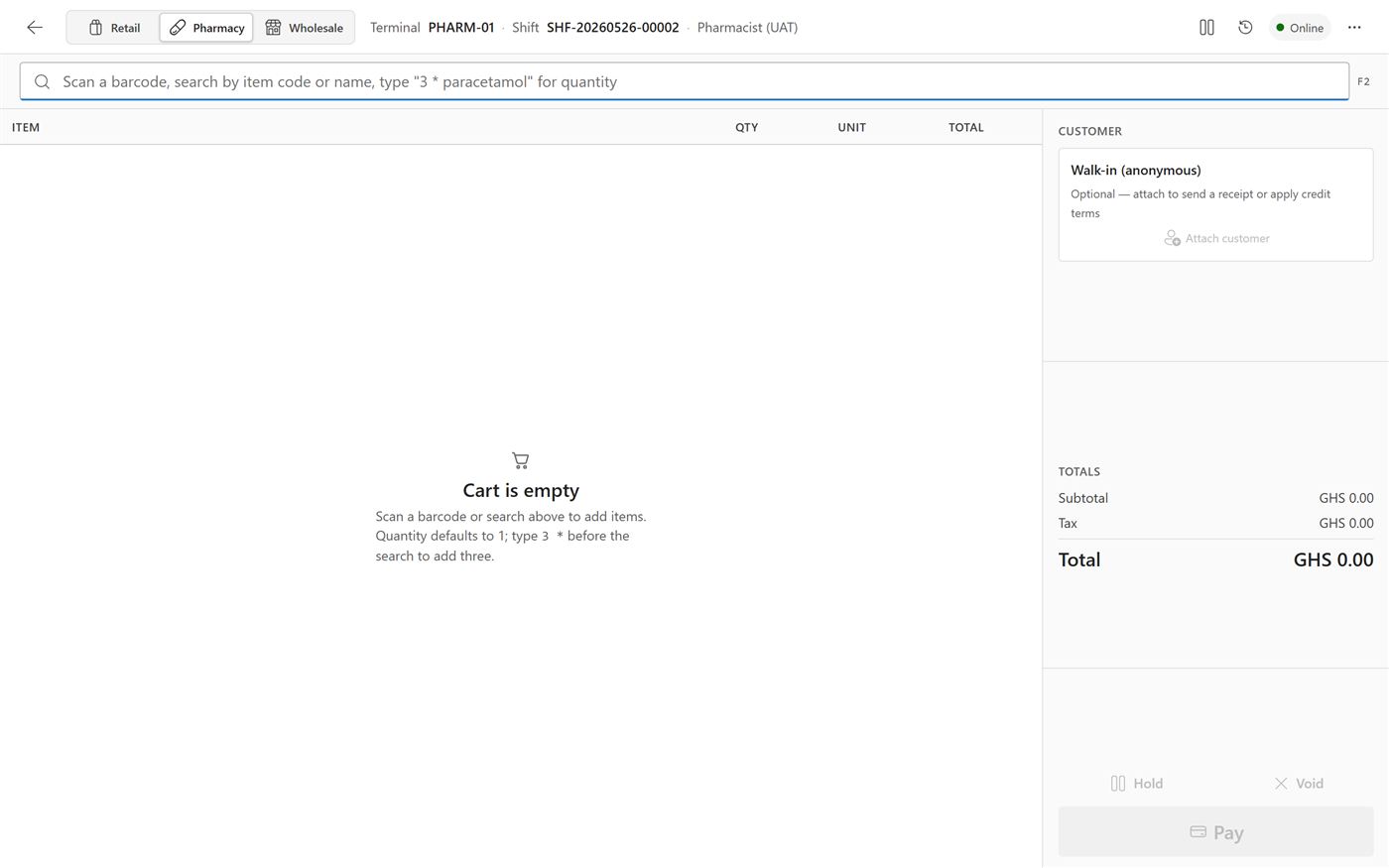 DDRT point of sale — retail, pharmacy, and wholesale channels with a live shift on a pharmacy terminal and scan-to-sell checkout, shown with test data